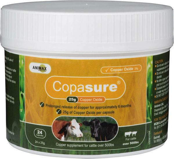 Copasure Copper Oxide Supplement for Cattle 25gm, 24 Capsules , Durvet 001-85087