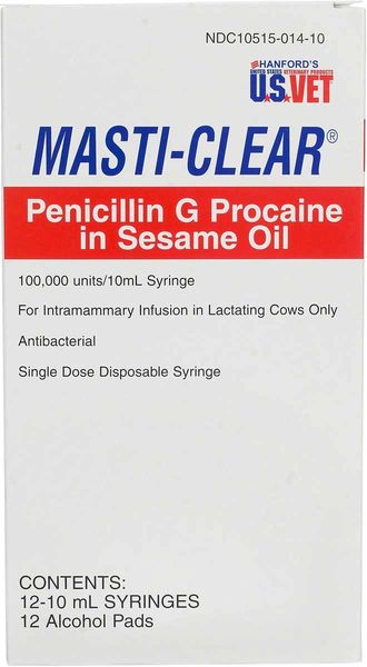 Masti-Clear Penicillin G Procaine in Sesame Oil, Intramammary Infusion in Lactating Cows, 10mL , Each , 12/Case , Durvet HFNAN012LC