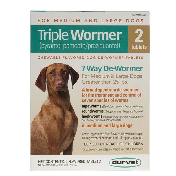 Triple Wormer for Medium and Large Dogs Greater than 25 Pounds, Green Label, 2 Chewable Flavored Tablets , Durvet 011-17703