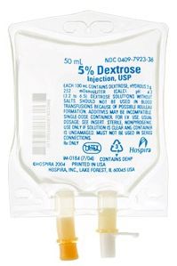 Caloric Agent Dextrose / Water, Preservative Free 5% Intravenous IV Solution Flexible Bag 50 mL Fill in 120 mL , 20/Case , Hospira 792336-Case