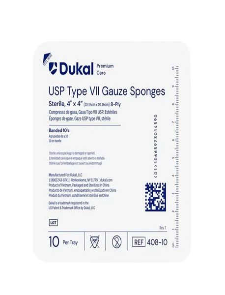 Cotton Gauze Type VII Sponge 4x4" 8 Ply Sterile LF, 128 PK/CA-Dukal-408-10