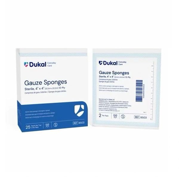 Cotton Gauze Sponge 4x4" 12 Ply Sterile Not Made With Natural Rubber Latex, 24 BX/CA-Dukal- 8503