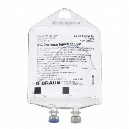 Caloric Agent Dextrose / Water 5% Intravenous IV Solution Flexible Bag 25 mL Fill in 100 mL , 116/Case , BBRAUN S5104-5410