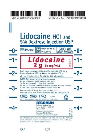 Antiarrhythmic Agent Lidocaine HCl / Dextrose 5%, Preservative Free 0.4%, 4 mg / mL Intravenous Injection Flexible Bag 500 mL , 24/Case , BBRAUN P5941-Case