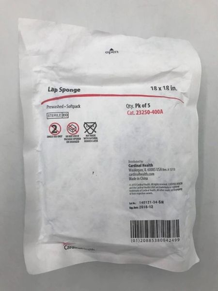Laparotomy Sponges, X-Ray Detectable, Pre-Washed, Loop, 18" x 18", Sterile, 5/pk, 40 pk/cs , Cardinal 23250-400A