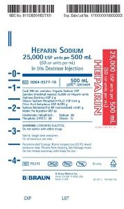 Anticoagulant Heparin Sodium, Porcine / 5% Dextrose, Preservative Free 50 U / mL Intravenous Injection Flexible Bag 500 mL , Each , BBRAUN P5771