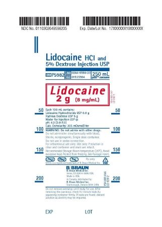 Antiarrhythmic Agent Lidocaine HCl / Dextrose 5%, Preservative Free 8 mg / mL Intravenous Injection Flexible Bag 250 mL , 24/Case , BBRAUN P5982