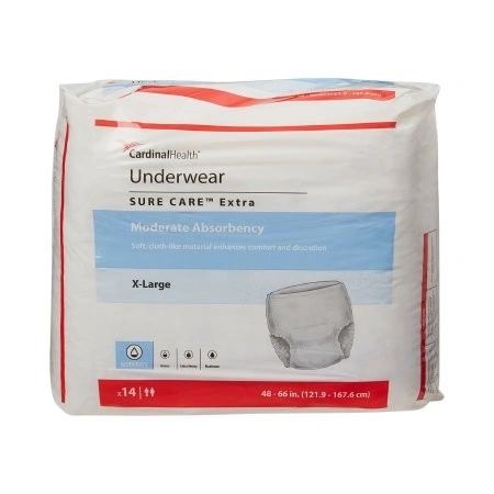 Unisex Adult Absorbent Underwear Sure Care Extra Pull On with Tear Away Seams X-Large Disposable Moderate Absorbency , 14EA/BG 4BG/CS , Cardinal 1850A