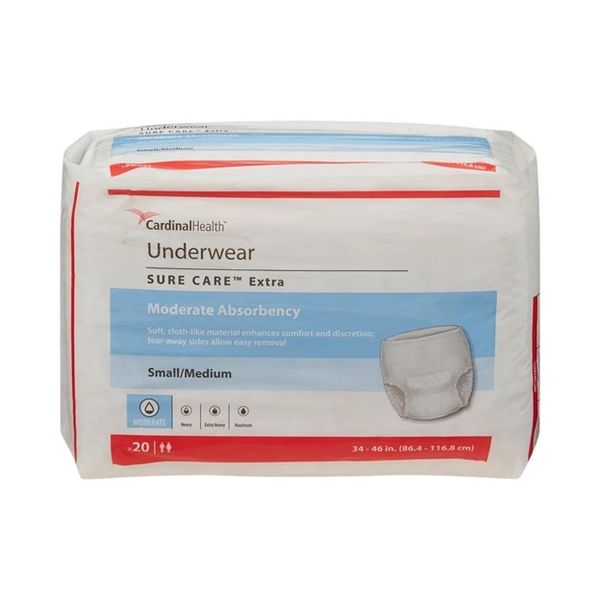 Unisex Adult Absorbent Underwear Sure Care Extra Pull On with Tear Away Seams Small / Medium Disposable Moderate Absorbency (20EA/BG 4BG/CS) , Cardinal 1840A