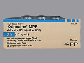 Xylocaine® - MPF Local Anesthetic Lidocaine HCl, Preservative Free 2%, 20 mg / mL Infiltration and Nerve Block Injection Single Dose Vial 5 mL, 25/Pack , APP 63323049507