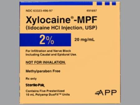 Xylocaine® - MPF Local Anesthetic Lidocaine HCl, Preservative Free 2%, 20 mg / mL Injection Ampule 10 mL , 5/Box , APP 63323049697