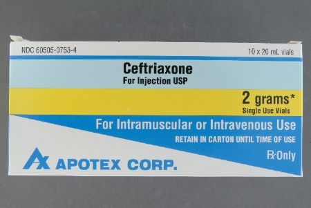 Cephalosporin Ceftriaxone Sodium 2 Gram Intramuscular or Intravenous Injection Single Use Vial , Apotex 60505075304