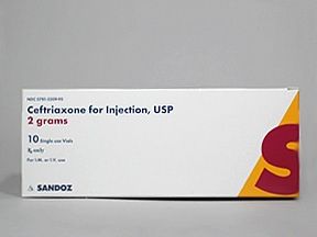 Cephalosporin Ceftriaxone Sodium 2 Gram Intramuscular or Intravenous Injection Single Use Vial 10 Vials , 10/Box , Sandoz 00781320995