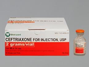 Cephalosporin Ceftriaxone Sodium 2 Gram Intramuscular or Intravenous Injection Single Use Vial 10 mL, 25/Box , Westward 00143985625