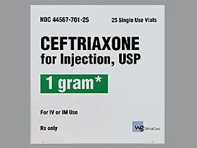 Cephalosporin Ceftriaxone Sodium 1 Gram Intramuscular or Intravenous Injection Single Use Vial 15 mL, 25/Pack , WG 44567070125