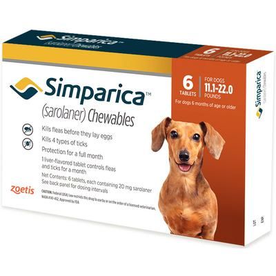 Simparica Chewable Tablets , 11.1-22 lb Dogs ,10 x 6/Pkg , ZOETIS 10012459