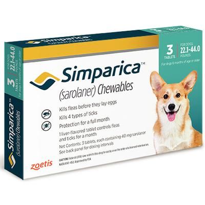 Simparica Chewable Tablets , 22.1-44 lb Dogs , 10 x 3/Pkg , ZOETIS 10012454