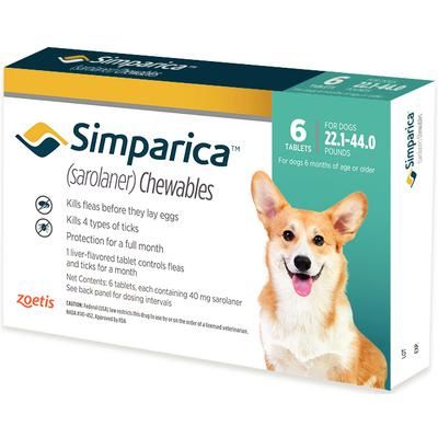 Simparica Chewable Tablets , 22.1-44 lb Dogs ,10 x 6/Pkg , ZOETIS 10012460