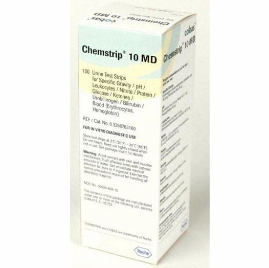 Chemstrip 10 MD Urine Reagent Strip 100 Strips Glucose, Bilirubin, Ketone, Specific Gravity, Blood, pH, Protein, Urobilinogen, Nitrite, Leukocytes ,Roche 03260763160