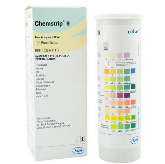 Chemstrip 9 Reagent Test Strip , 100/Bottle pH, Leukocytes, Nitrite, Protein, Glucose, Ketone, Urobilinogen, Bilirubin, Blood Ref # 11895427160 , Roche 417109