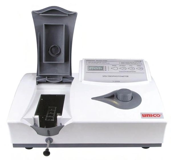 Spectrophotometer, 5 nm Bandpass, Wavelength Range 325-1000 nm, 10mm Single Square Cuvette Holder, V-Type Holder for 8-25 mm Round Tube, Pair of Glass Cuvettes, 10mm Test Tubes (Box of 12), USB Port, RS-232 Port, Dust Cover Unico S-1200