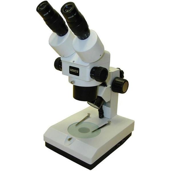 Microscope, Binocular, 10X Widefield Eyepiece, 7X-45X, Extender Arm Stand, Halogen (top), Fluorescent (bottom) Unico ZM184HF