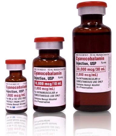 Vitamin B-12 Cyanocobalamin 1000 mcg / mL Intramuscular or Subcutaneous Injection Multiple Dose Vial 30 mL , 10/Pack Westward 00143961910 Pack