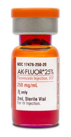 AK-Fluor Ophthalmic Disclosing Agent Fluorescein Sodium, Preservative Free 25%, 500 mg / 2 mL Intravenous Injection Single Dose Vial 2 mL, 12/Box Akron 17478025020