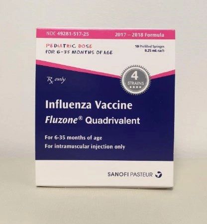 Fluzone Quadrivalent 2017 - 2018 Pediatric Flu Vaccine 30 mcg / 0.25 mL Indicated For People 6 Months to 35 Months of Age Prefilled Syringe 0.25 mL , 10/Pack Sanofi Pasteur 49281051725