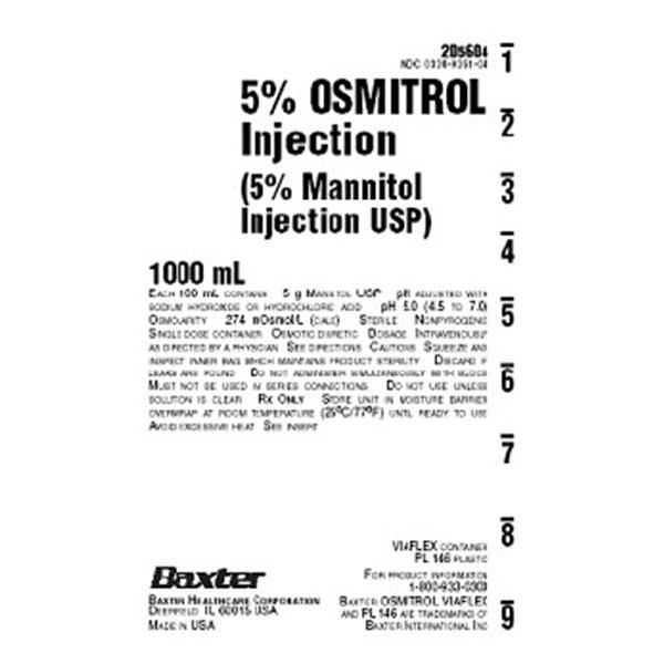 Osmitrol Osmotic Diuretic IV Solution Mannitol 5% Intravenous Injection Flexible Bag 1,000 mL, 14/Case Baxter 2D5604X