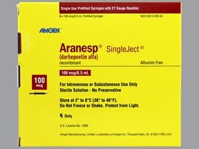 Aranesp Hematopoietic Agent Darbepoetin Alfa in Polysorbate Solution 100 mcg / 0.5 mL Subcutaneous or Intravenous Injection Prefilled Syringe 0.5 mL , 4/Box , Amgen 55513002504