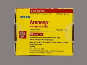 Aranesp Hematopoietic Agent Darbepoetin Alfa in Polysorbate Solution 100 mcg / mL Subcutaneous or Intravenous Injection Single Dose Vial 1 mL , 4/Box , Amgen 55513000504