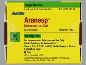 Aranesp Hematopoietic Agent Darbepoetin Alfa in Polysorbate Solution 40 mcg / mL Subcutaneous or Intravenous Injection Single Dose Vial 1 mL , 4/Box , Amgen 55513000304