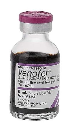 Venofer Iron Preparation Iron Sucrose Complex 20 mg / mL Intravenous Injection Single Dose Vial 5 mL , 25/Pack , American Regent 00517234025