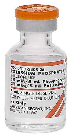 Replacement Preparation Potassium Phosphates, M-Basic-D-Basic Preservative Free 3 mMol / mL, 4.4 mEq Intravenous Injection Single Dose Vial 5 mL , 25/Pack , American Regent 00517230525