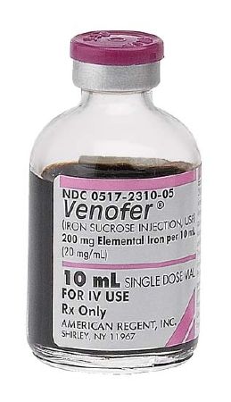 Venofer Iron Preparation Iron Sucrose Complex 20 mg / mL Intravenous Injection Single Dose Vial 10 mL , 5/Box , American Regent 00517231005