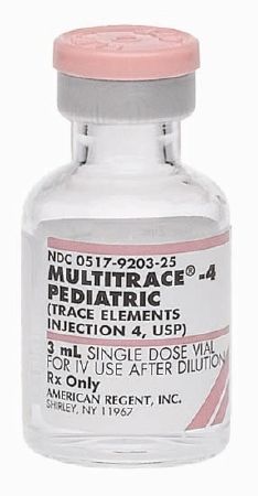 Multitrace-4 Pediatric Trace Elements Zinc Sulfate / Copper Sulfate / Manganese Sulfate / Chromium Chloride, Preservative Free 1 mg - 0.1 mg - 25 mcg - 1 mcg / mL Intravenous Injection Single Dose Vial 3 mL , 25/Pack , American Regent 00517920325