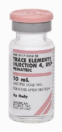 Trace Elements Zinc Sulfate / Copper Sulfate / Manganese Sulfate / Chromium Chloride, Preservative Free 0.5 mg - 0.1 mg - 30 mcg - 1 mcg / mL Intravenous Injection Multiple Dose Vial 10 mL , 25/pack , American Regent 00517931025