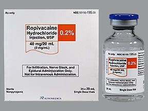 Local Anesthetic Ropivacaine HCl 0.2%, 2 mg / mL Injection Single Dose Vial 20 mL , 25/Pack , Auromedics 55150019520