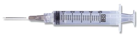 Syringe with Hypodermic NBD 309631eedle PrecisionGlide 5 mL 22 Gauge 1-1/2 Inch Detachable Needle Without Safety 100/Box , 4 Box/Case , BD 309631