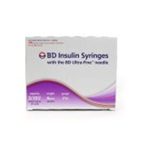 Insulin Syringe with Needle Ultra-Fine 0.3 mL 31 Gauge 15/64 Inch Attached Needle Without Safety 100/Box , BD 324909