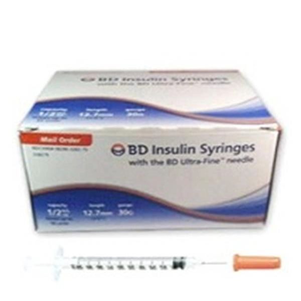 Insulin Syringe with Needle Ultra-Fine 1/2 mL 31 Gauge 15/64 Inch Attached Needle Without Safety 100/Box , 5 Box/Case , BD 324911