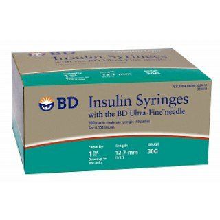 Insulin Syringe with Needle BD Ultra-Fine 1 mL 30 Gauge 1/2 Inch Attached Needle Without Safety 100/Box , 5 Box/Case , BD 328411