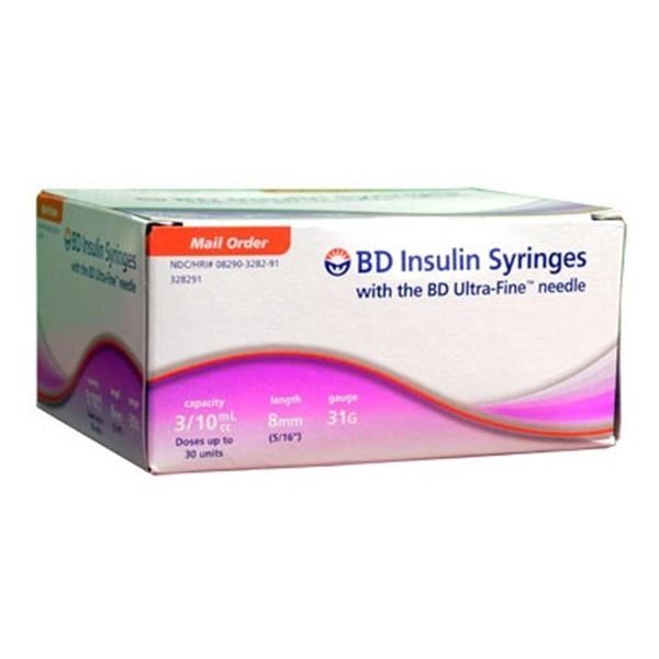 Insulin Syringe with Needle BD Ultra-Fine 3/10 mL 30 Gauge 1/2 Inch Attached Needle Without Safety 100/Box , 5 Box/Case , BD 328431