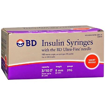 Insulin Syringe with Needle Ultra-Fine 0.3 mL 31 Gauge 5/16 Inch Attached Needle Without Safety 100/Box , 5 Box/Case , BD 328438