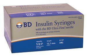 Insulin Syringe with Needle BD Ultra-Fine 1/2 mL 30 Gauge 1/2 Inch Attached Needle Without Safety 100/Box , 5 Box/Case , BD 328466