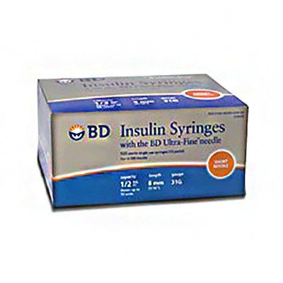 Insulin Syringe with Needle Ultra-Fine 1/2 mL 31 Gauge 5/16 Inch Attached Needle Without Safety 100/Box , 5 Box/Case , BD 328468