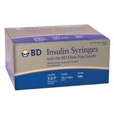 Insulin Syringe with Needle BD 1 mL 28 Gauge 1/2 Inch Attached Needle Without Safety 100/Box , 5 Box/Case , BD 329410