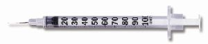 Insulin Syringe with Needle Micro-Fine 1 mL 28 Gauge 1/2 Inch Attached Needle Without Safety 500/Case , BD 329420