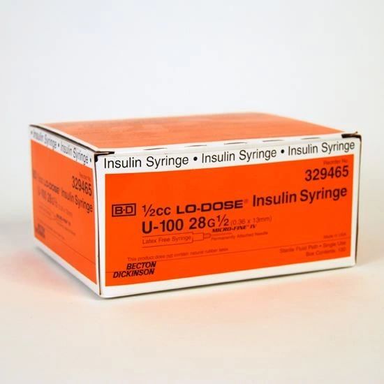 Insulin Syringe with Needle Lo-Dose Micro-Fine 1/2 mL 28 Gauge 1/2 Inch Attached Needle Without Safety 100/Box , 5 Box/Case , BD 329465